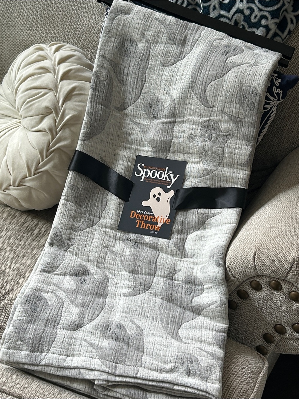 NEW! Halloween Indigo Spooky Boo Ghost Quilted Throw Blanket Gray & White